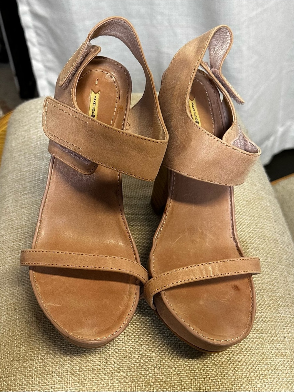 Max Studio Tan Leather Block Heel Sandals with Ankle Strap